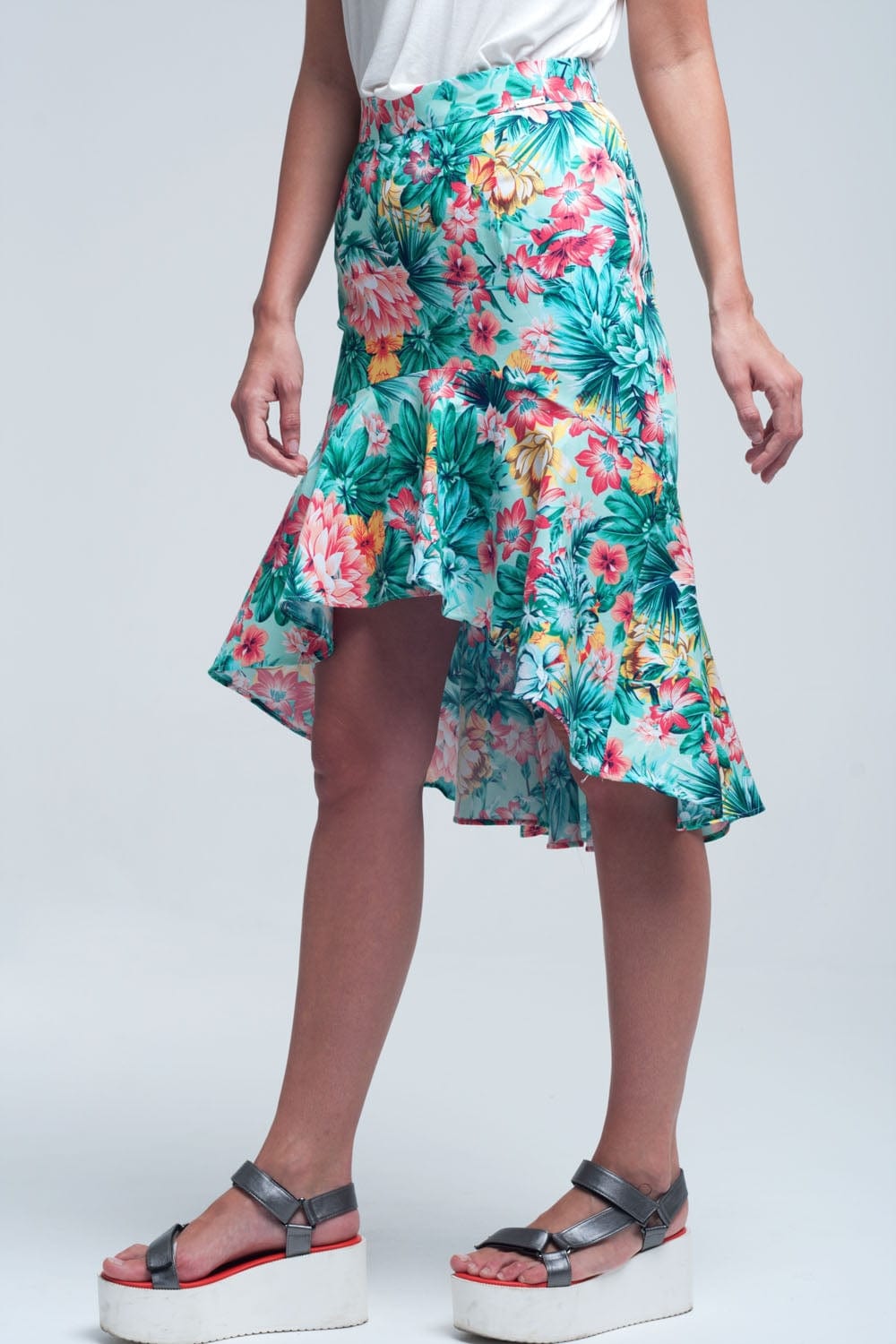 Q2 Women's Skirt Floral asymmetrical green skirt