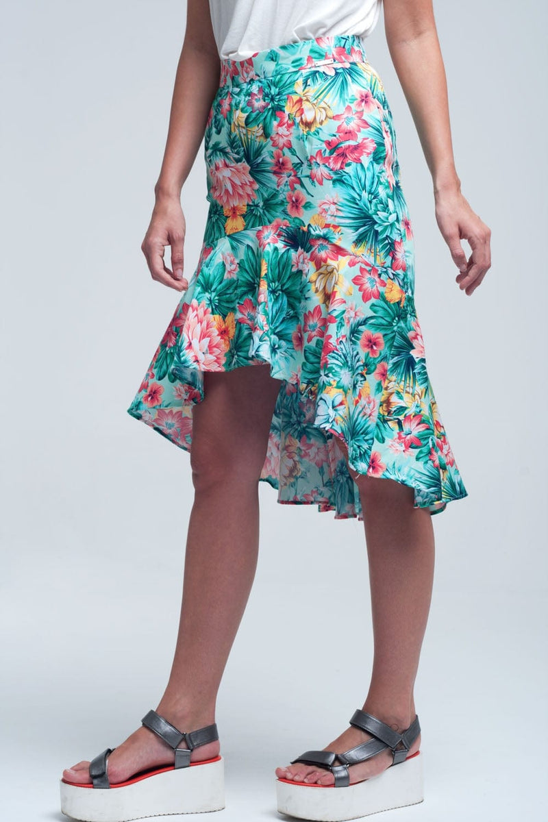 Q2 Women's Skirt Floral asymmetrical green skirt