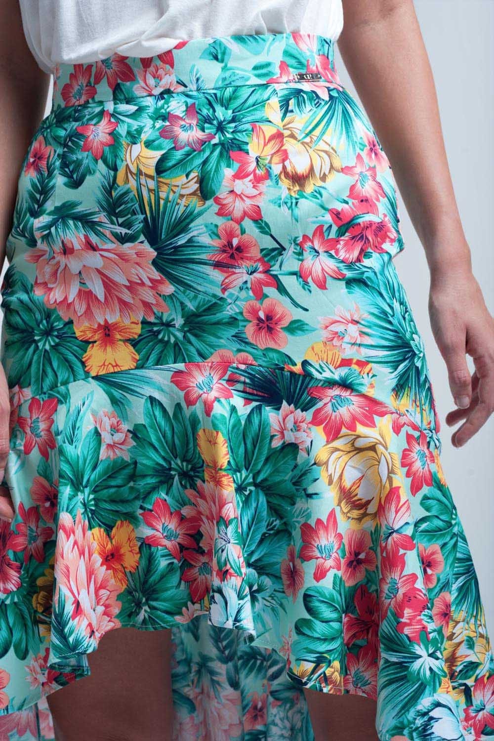 Q2 Women's Skirt Floral asymmetrical green skirt