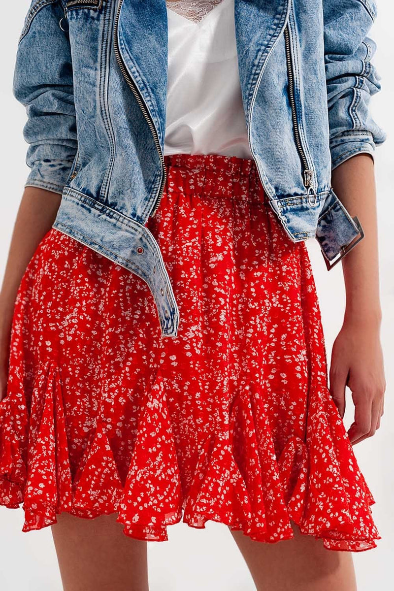 Q2 Women's Skirt Floral Flounce Co-Ord Mini Skirt in Red