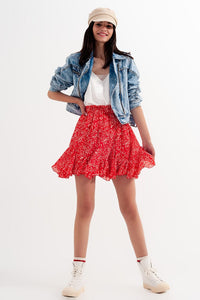 Q2 Women's Skirt Floral Flounce Co-Ord Mini Skirt in Red