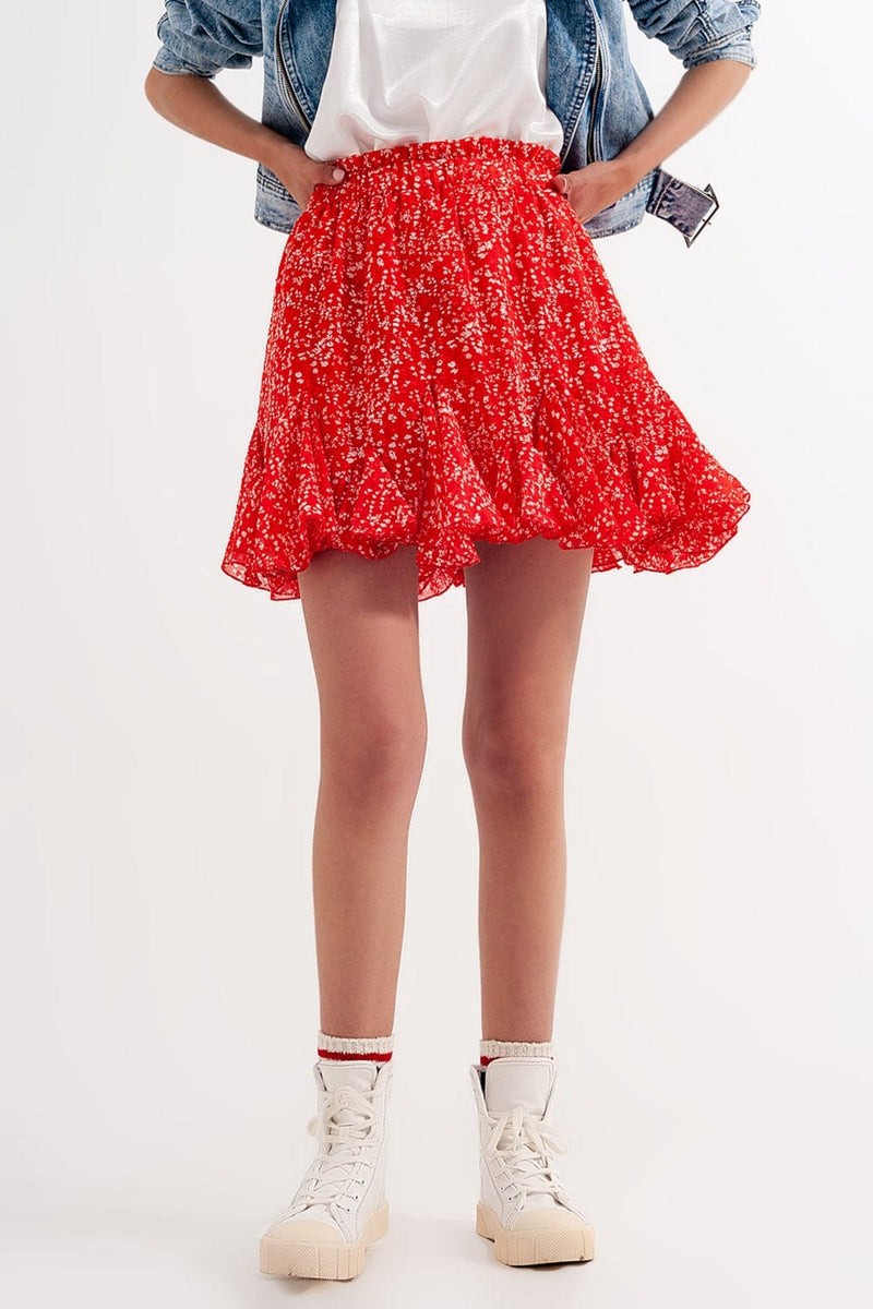 Q2 Women's Skirt Floral Flounce Co-Ord Mini Skirt in Red