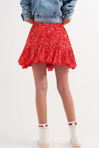 Q2 Women's Skirt Floral Flounce Co-Ord Mini Skirt in Red