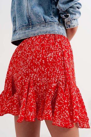 Q2 Women's Skirt Floral Flounce Co-Ord Mini Skirt in Red