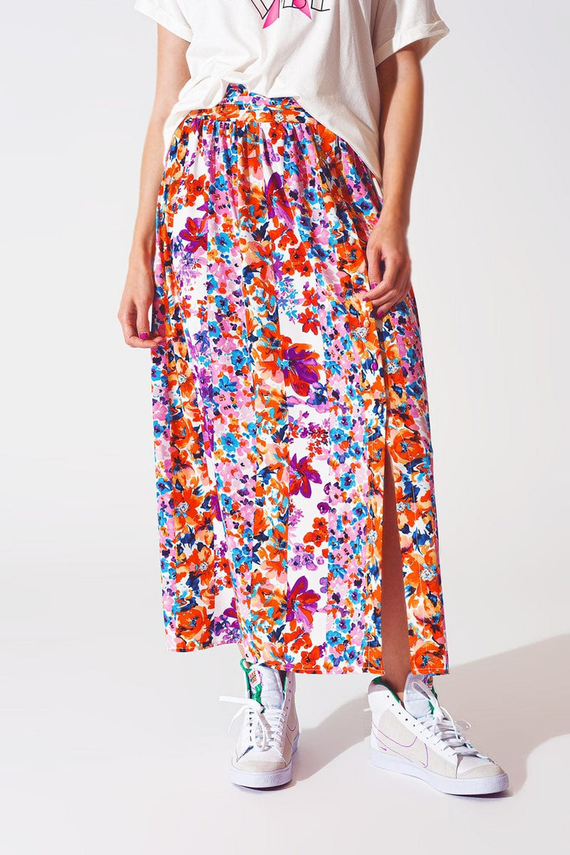 Q2 Women's Skirt Flower Print Pleated Midi Skirt