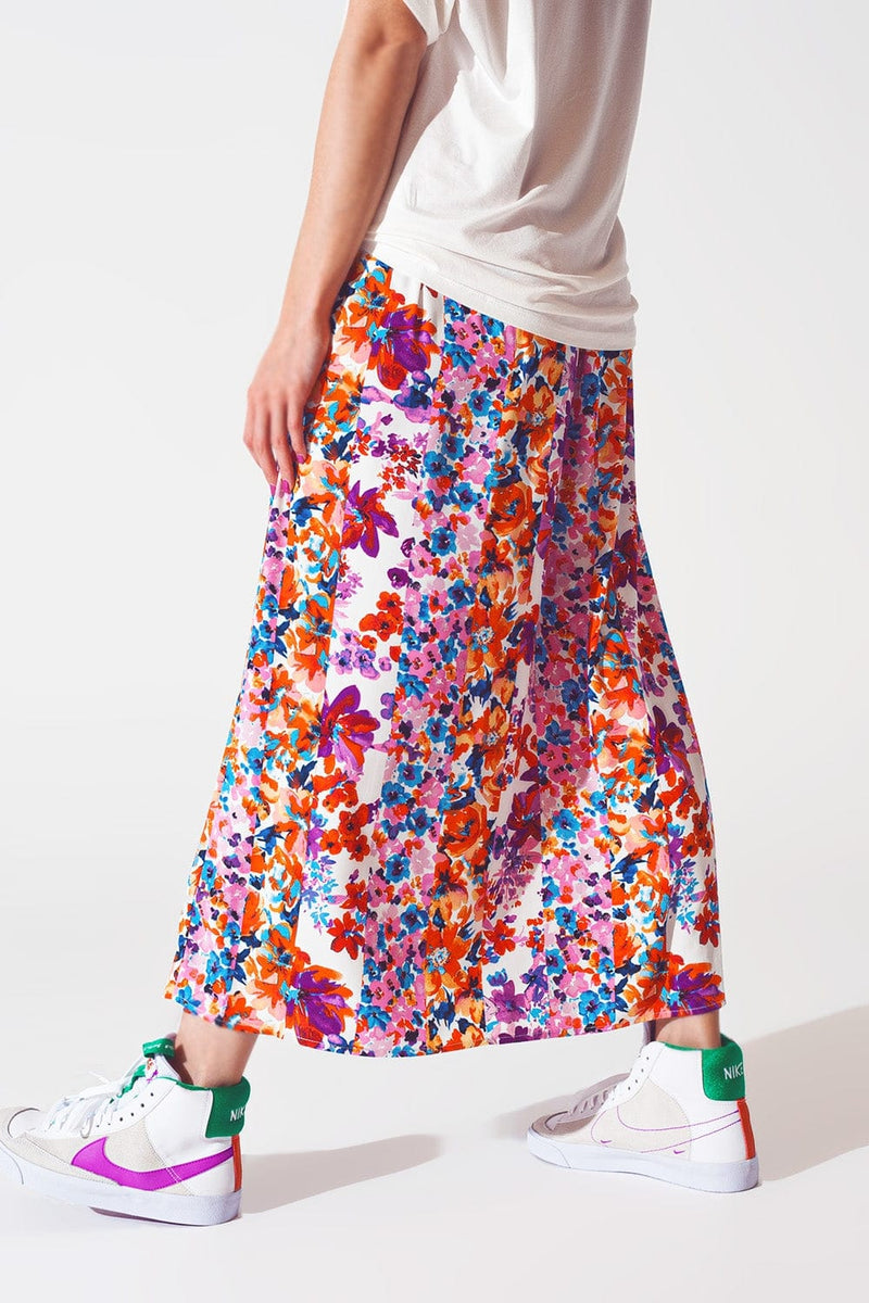 Q2 Women's Skirt Flower Print Pleated Midi Skirt