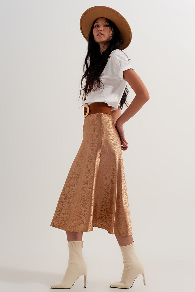 Q2 Women's Skirt Gold Color Midi Skirt in Abstract Animal Print