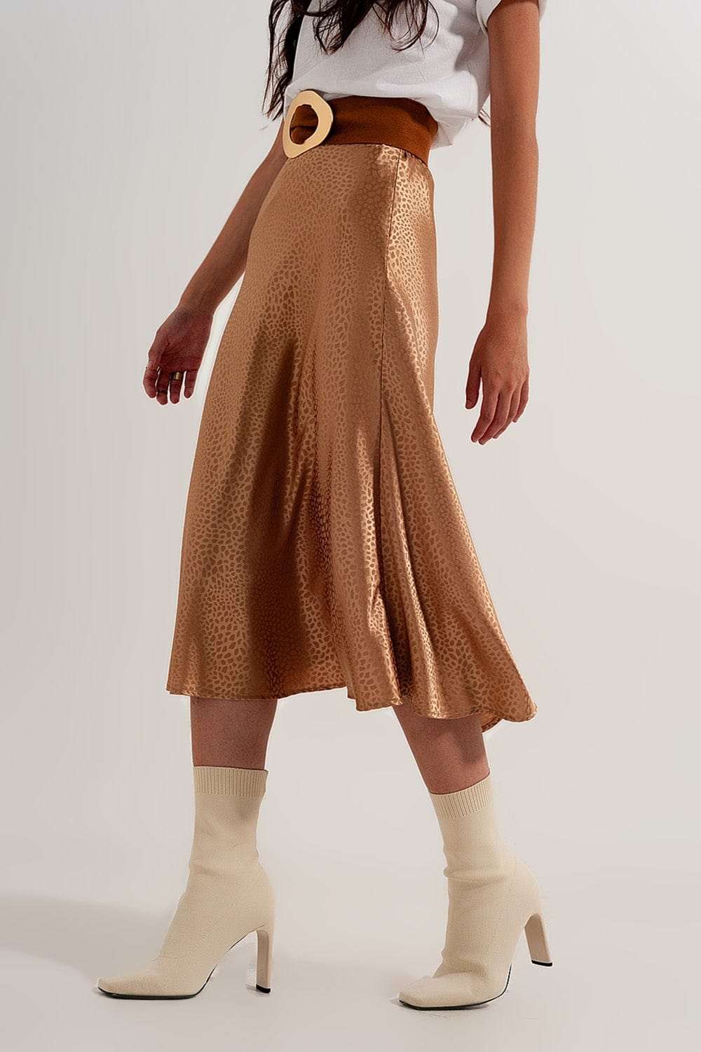 Q2 Women's Skirt Gold Color Midi Skirt in Abstract Animal Print