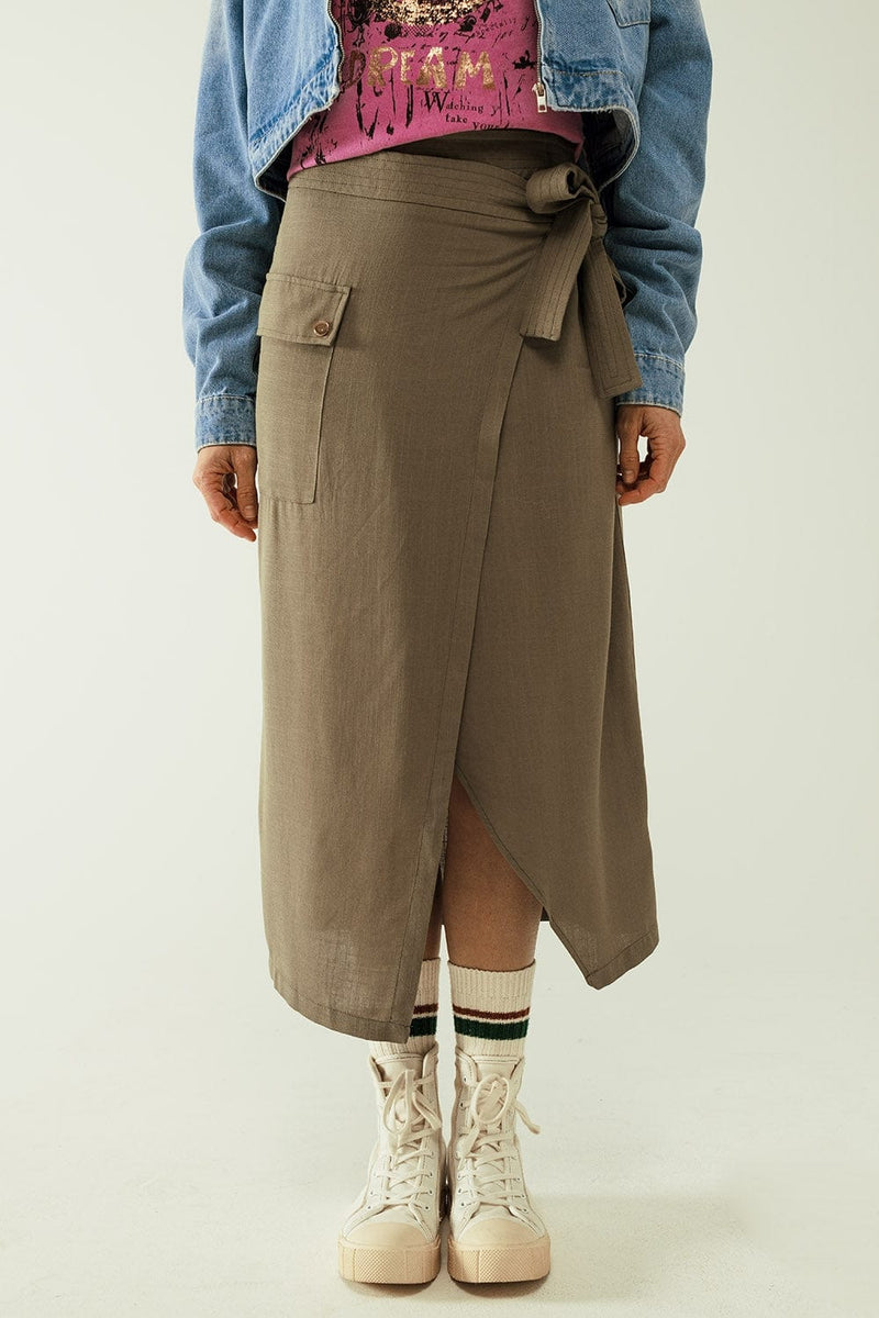 Q2 Women's Skirt Khaki Mid-Length Skirt With One Pocket And A Lace Detail