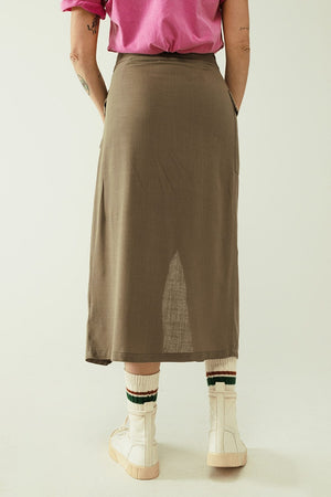 Q2 Women's Skirt Khaki Mid-Length Skirt With One Pocket And A Lace Detail