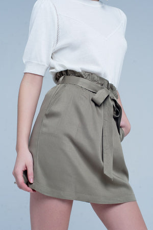 Q2 Women's Skirt Khaki Mini Skirt with Bow Detail