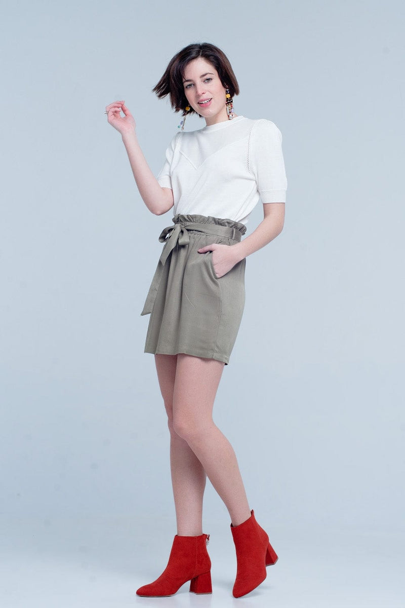 Q2 Women's Skirt Khaki Mini Skirt with Bow Detail