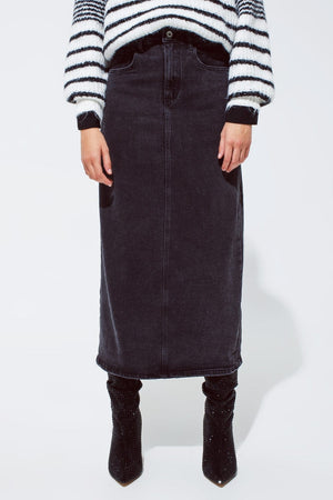 Q2 Women's Skirt Maxi Black Denim Skirt With A Split On The Back