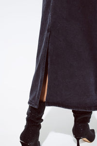 Q2 Women's Skirt Maxi Black Denim Skirt With A Split On The Back