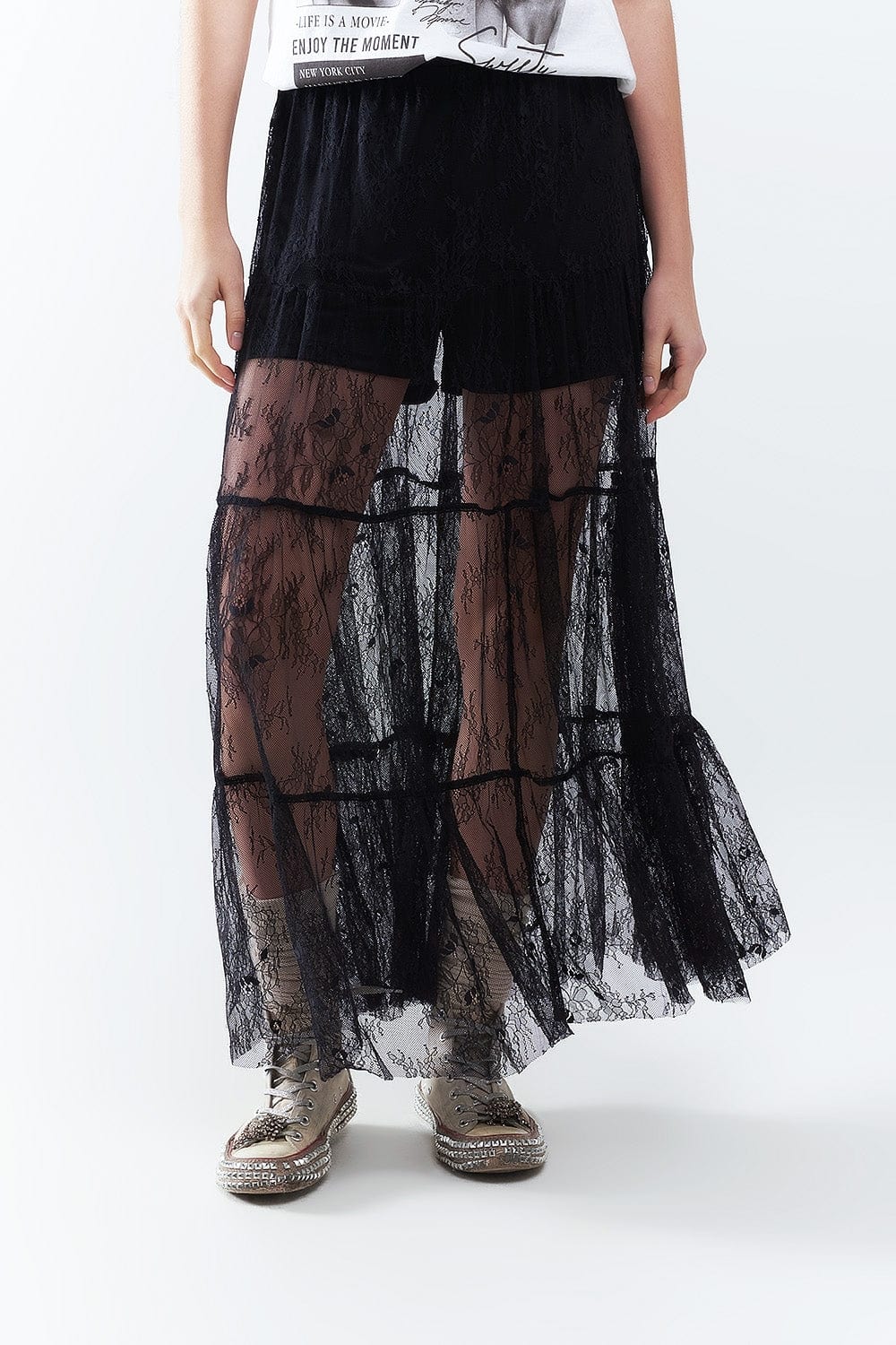 Q2 Women's Skirt Maxi Black Lace Skirt With Floral Print
