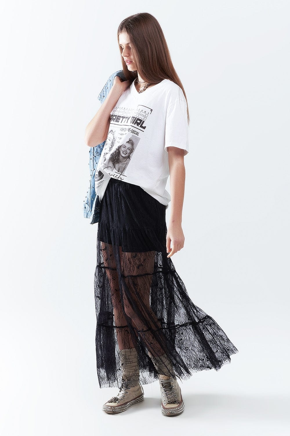Q2 Women's Skirt Maxi Black Lace Skirt With Floral Print