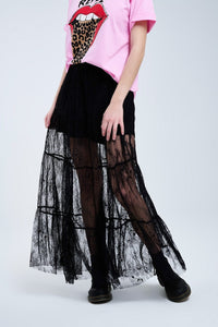 Q2 Women's Skirt Maxi Black Lace Skirt With Floral Print