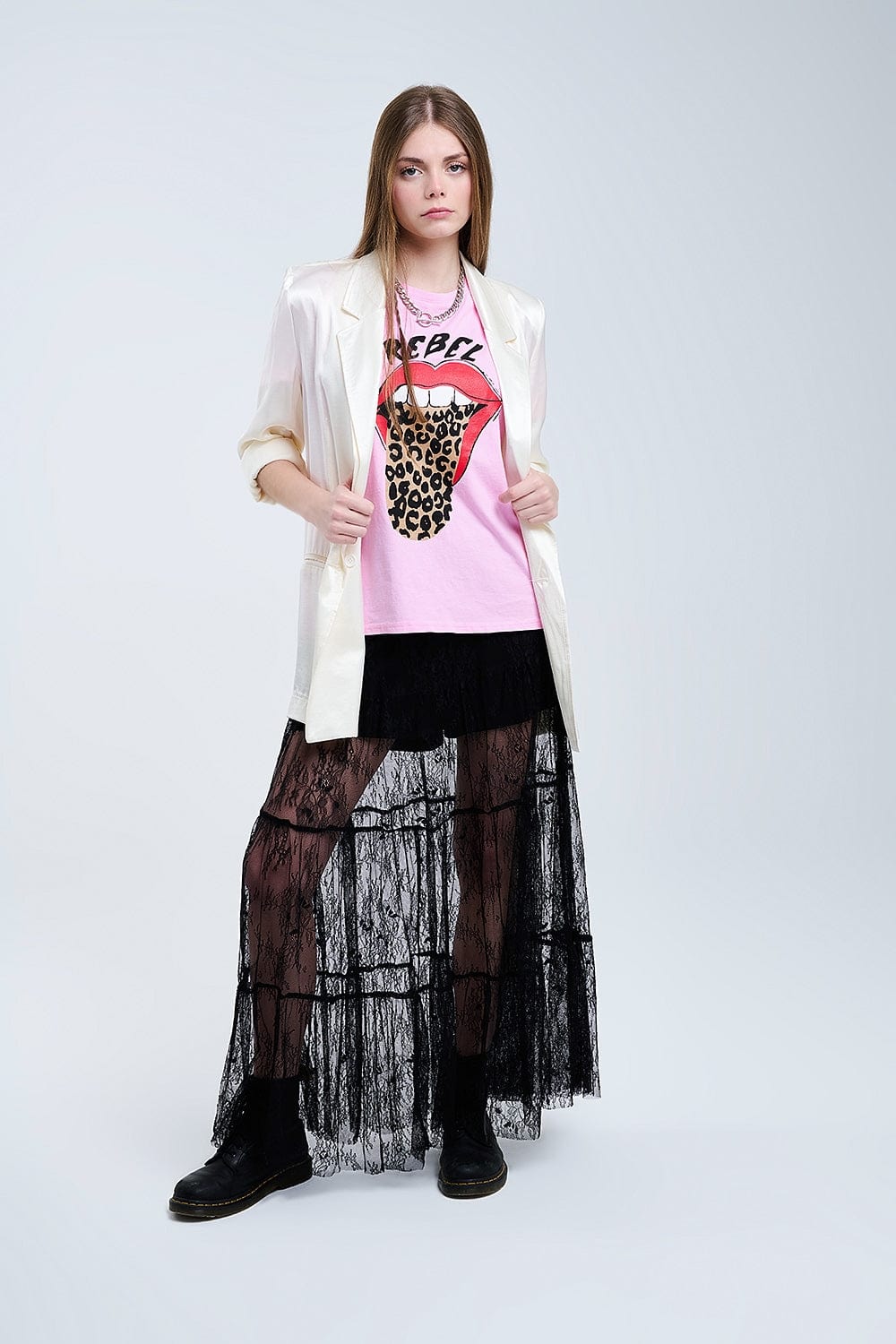 Q2 Women's Skirt Maxi Black Lace Skirt With Floral Print