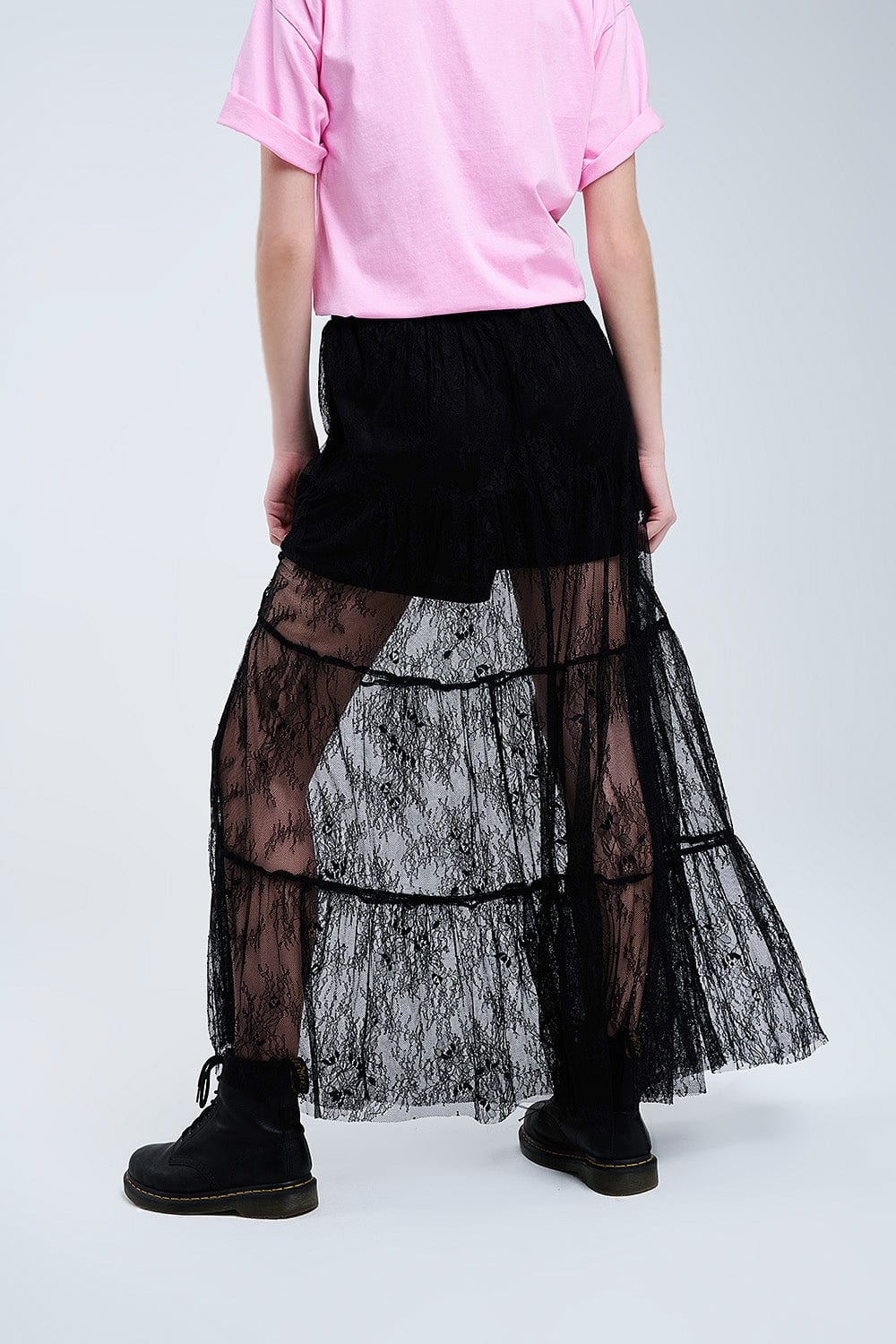 Q2 Women's Skirt Maxi Black Lace Skirt With Floral Print