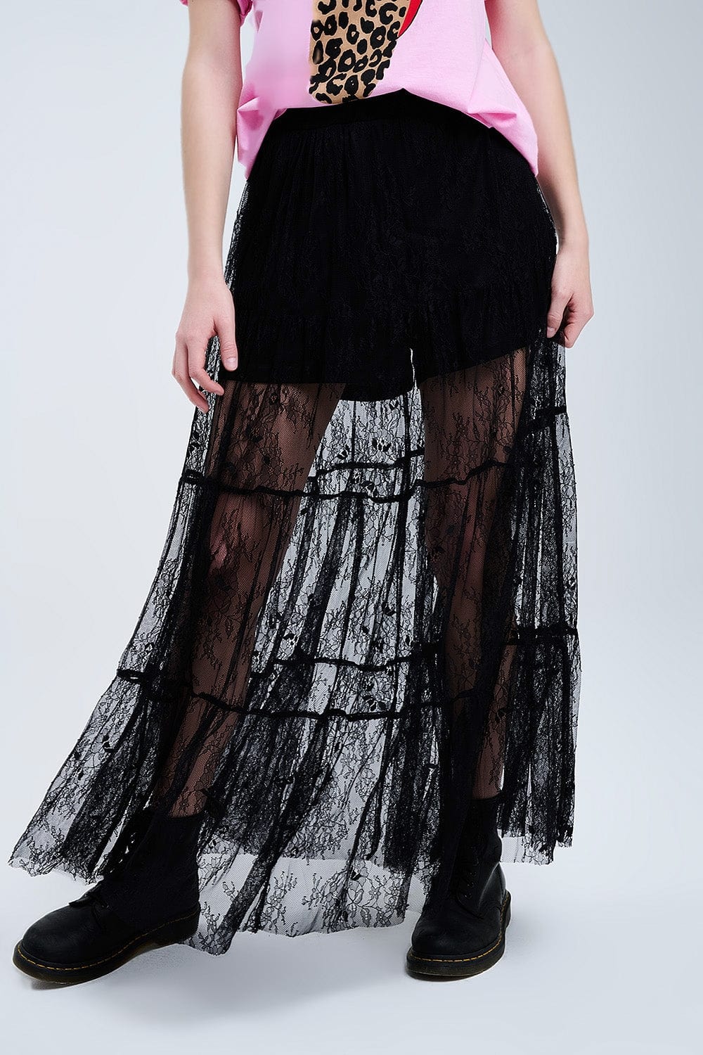 Q2 Women's Skirt Maxi Black Lace Skirt With Floral Print