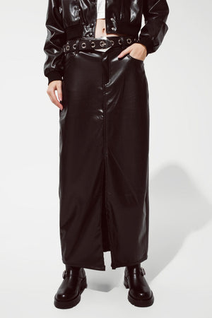 Q2 Women's Skirt Maxi Faux Leather Skirt With Cut At The Front