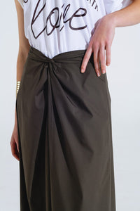 Q2 Women's Skirt Maxi Khaki Poplin Skirt With Knot Detail At The Waist