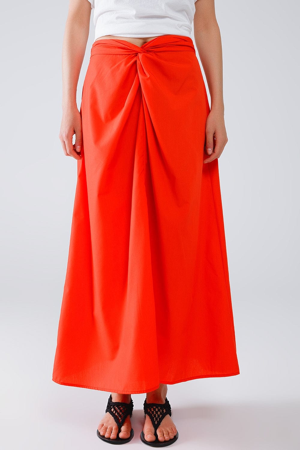 Q2 Women's Skirt Maxi Orange Poplin Skirt With Knot Detail At The Waist