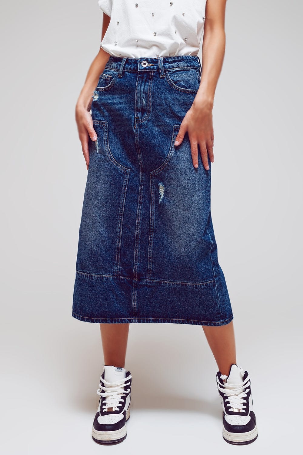 Q2 Women's Skirt Maxi Pencil Denim Skirt With Panel Details In The Front