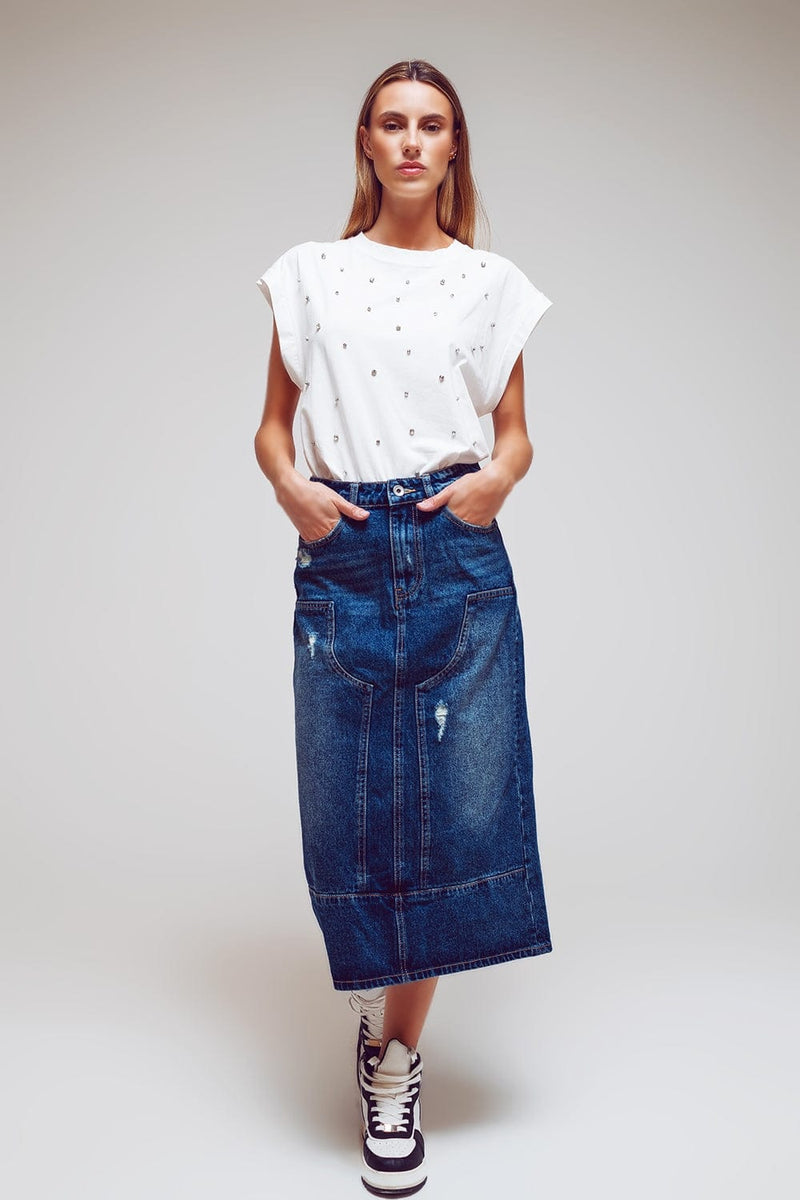 Q2 Women's Skirt Maxi Pencil Denim Skirt With Panel Details In The Front