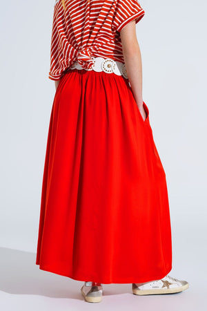 Q2 Women's Skirt Maxi Skirt In Red Fluid Fabric With Elastic Waist