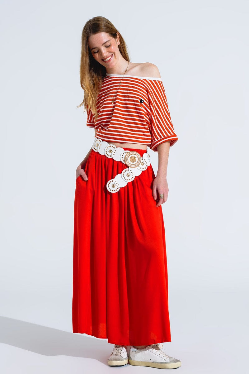 Q2 Women's Skirt Maxi Skirt In Red Fluid Fabric With Elastic Waist