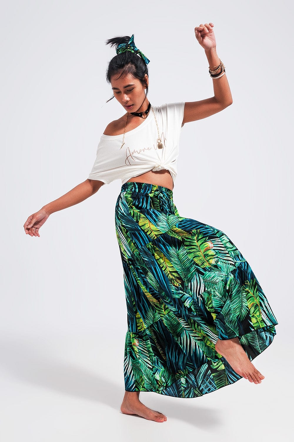 Q2 Women's Skirt Maxi Tiered Skirt in Green Tropical Print