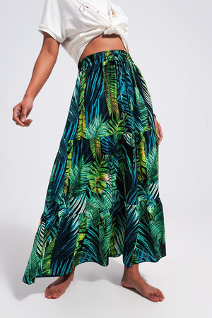 Q2 Women's Skirt Maxi Tiered Skirt in Green Tropical Print
