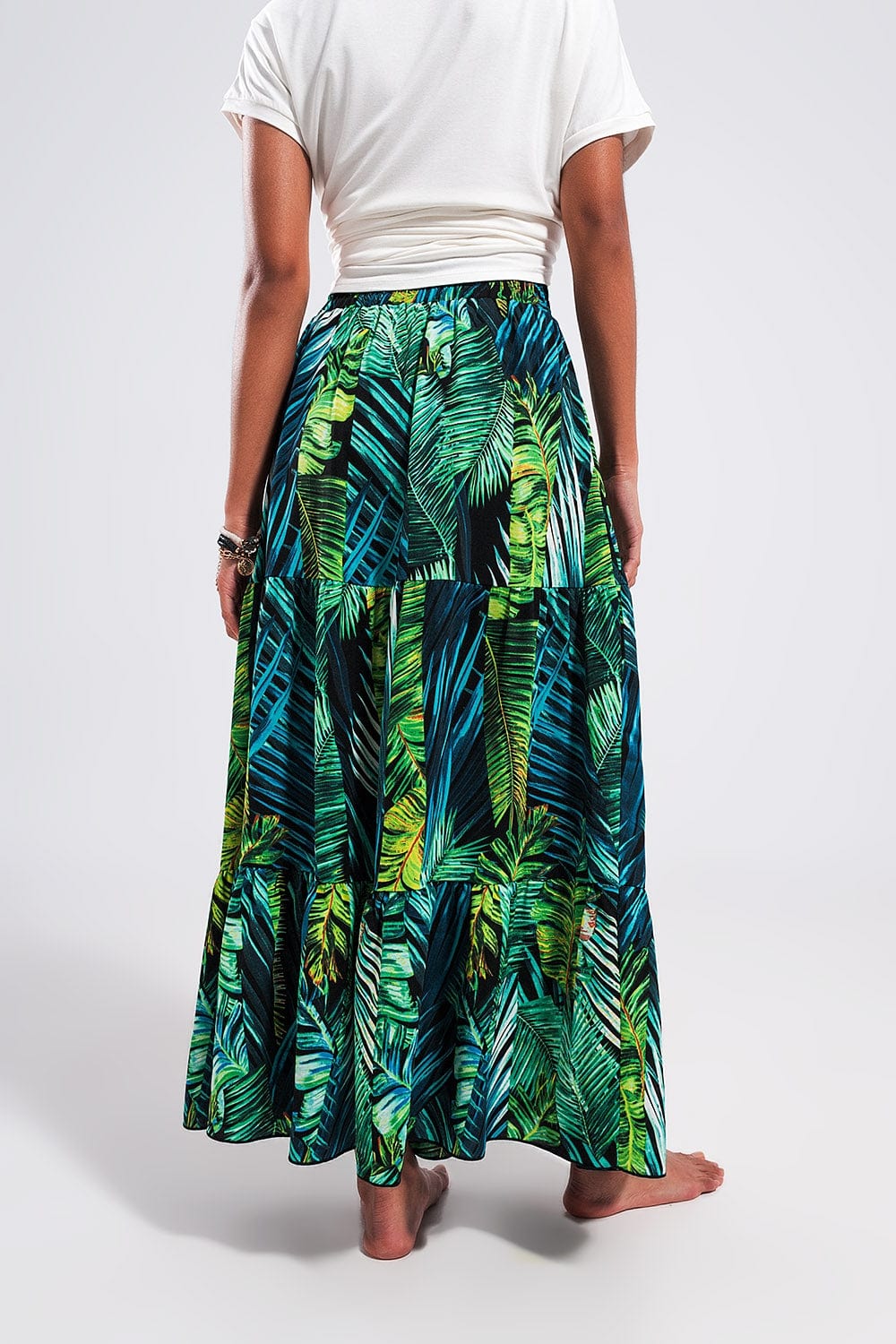 Q2 Women's Skirt Maxi Tiered Skirt in Green Tropical Print