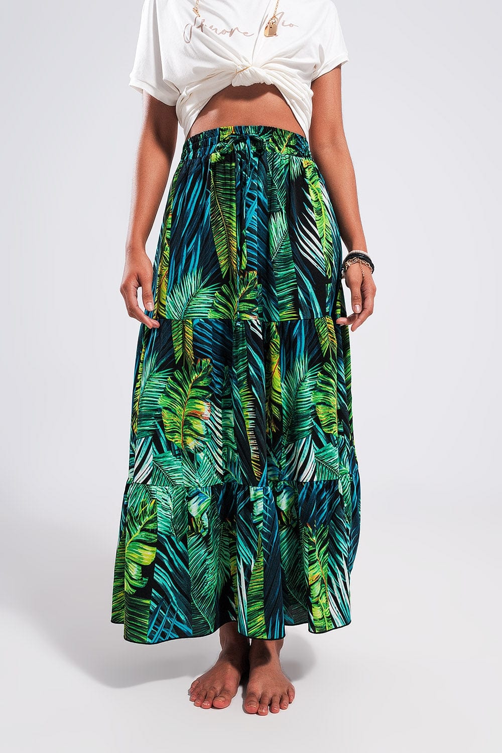 Q2 Women's Skirt Maxi Tiered Skirt in Green Tropical Print