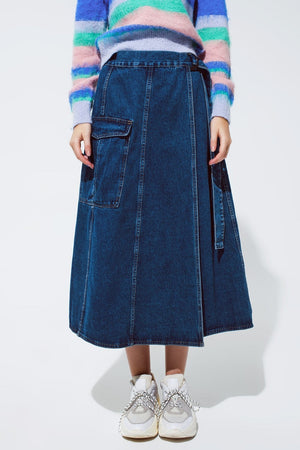 Q2 Women's Skirt Maxi Wrap Denim Skirt With Pocket Detail