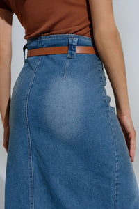 Q2 Women's Skirt Midi Denim Skirt In Blue With Front Split