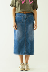 Q2 Women's Skirt Midi Denim Skirt With Front Pockets