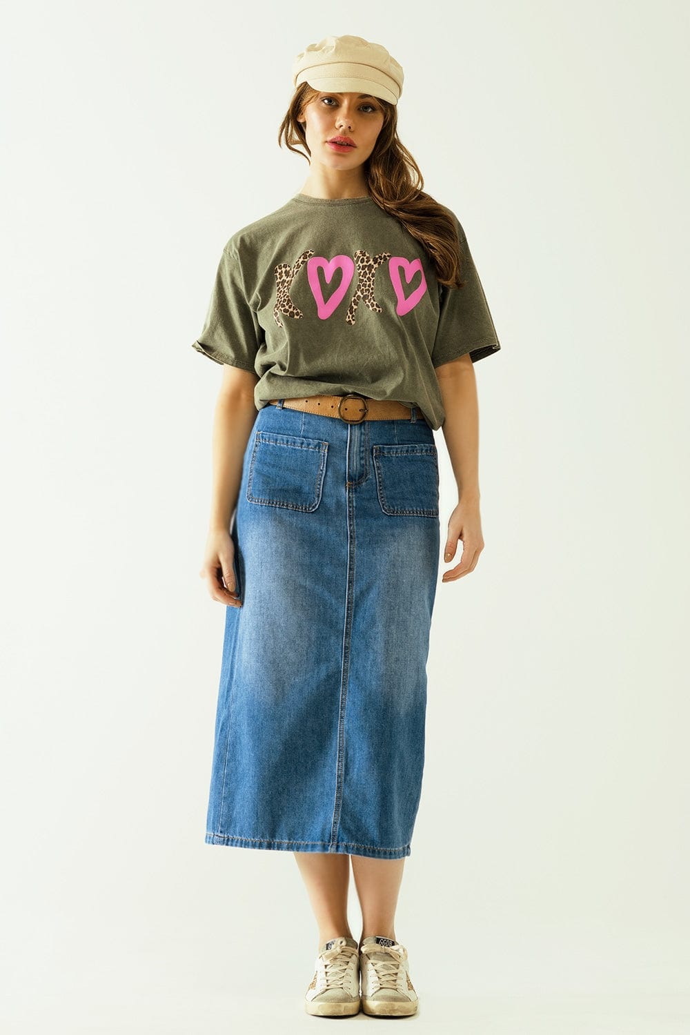 Q2 Women's Skirt Midi Denim Skirt With Front Pockets