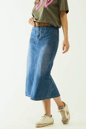 Q2 Women's Skirt Midi Denim Skirt With Front Pockets