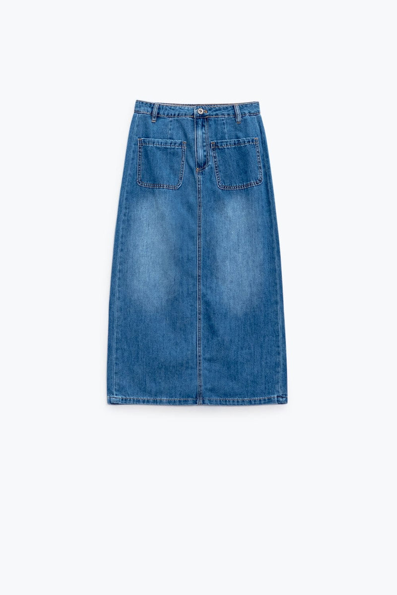 Q2 Women's Skirt Midi Denim Skirt With Front Pockets