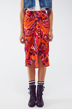Q2 Women's Skirt Midi Draped Skirt In Orange Abstract Floral Print