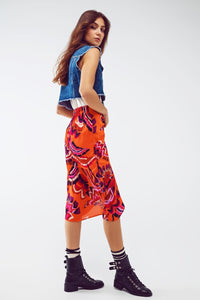 Q2 Women's Skirt Midi Draped Skirt In Orange Abstract Floral Print