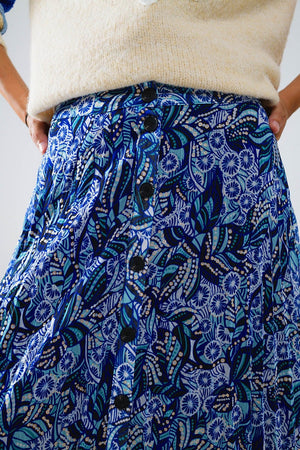 Q2 Women's Skirt Midi Pleated Skirt In Blue Abstract Print With Button Placket