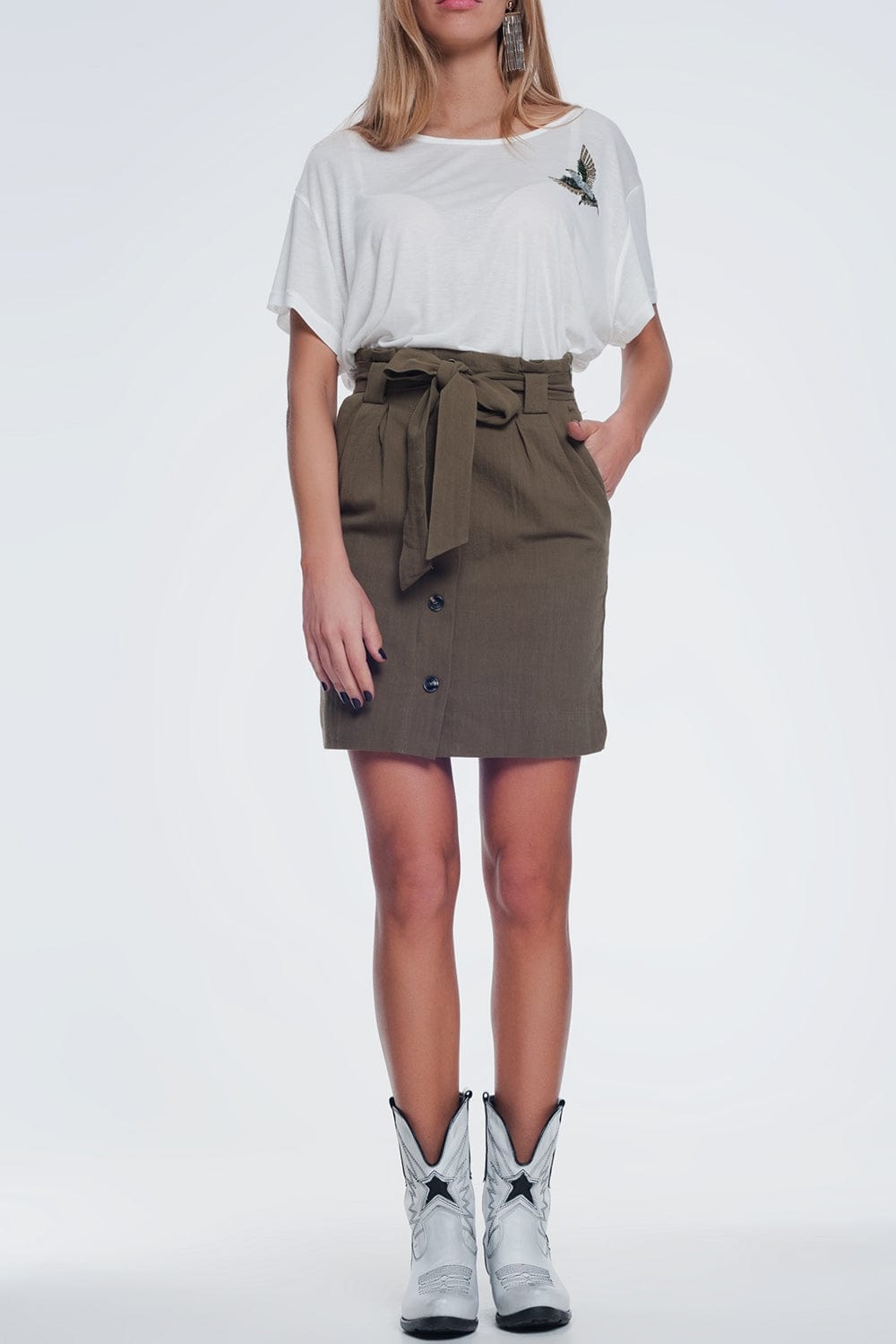 Q2 Women's Skirt Mini Khaki Skirt with Front Buttons