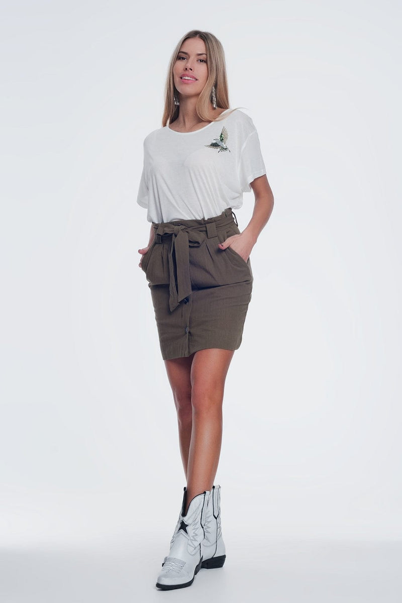 Q2 Women's Skirt Mini Khaki Skirt with Front Buttons