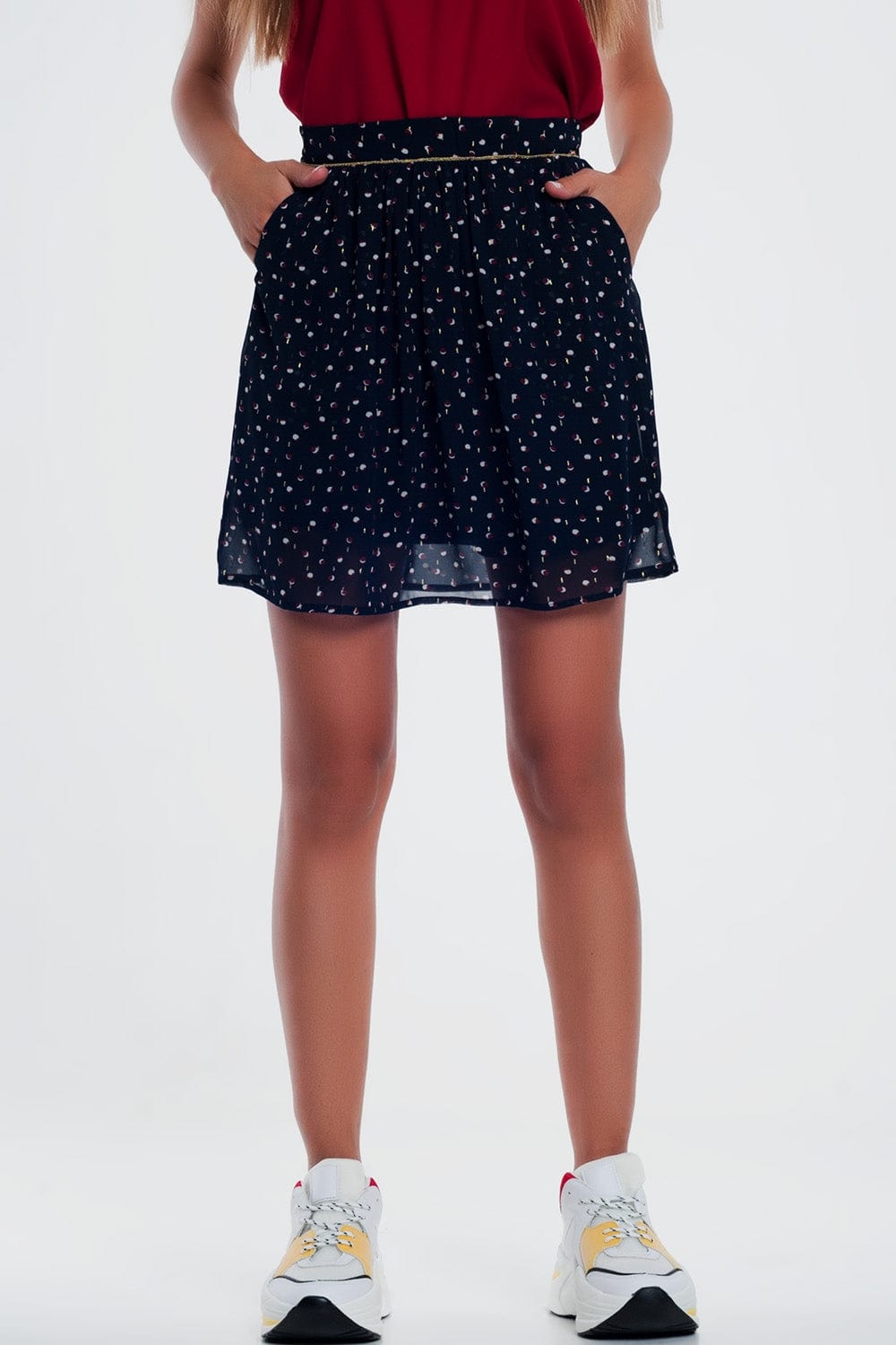 Q2 Women's Skirt Mini Skirt Navy in Scribble Polka Dot
