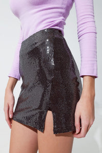 Q2 Women's Skirt Mini Skirt With Glitter And Slit In Silver