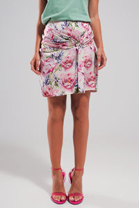 Q2 Women's Skirt Mini Skirt with Knot Front in Pink Rose Print