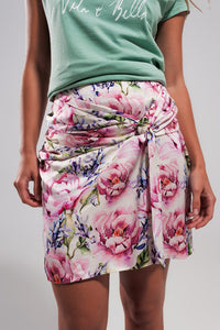 Q2 Women's Skirt Mini Skirt with Knot Front in Pink Rose Print